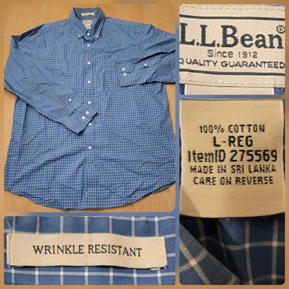 LL Bean Wrinkle-resistant Check Button-Down Blue Shirt Size Large Men's